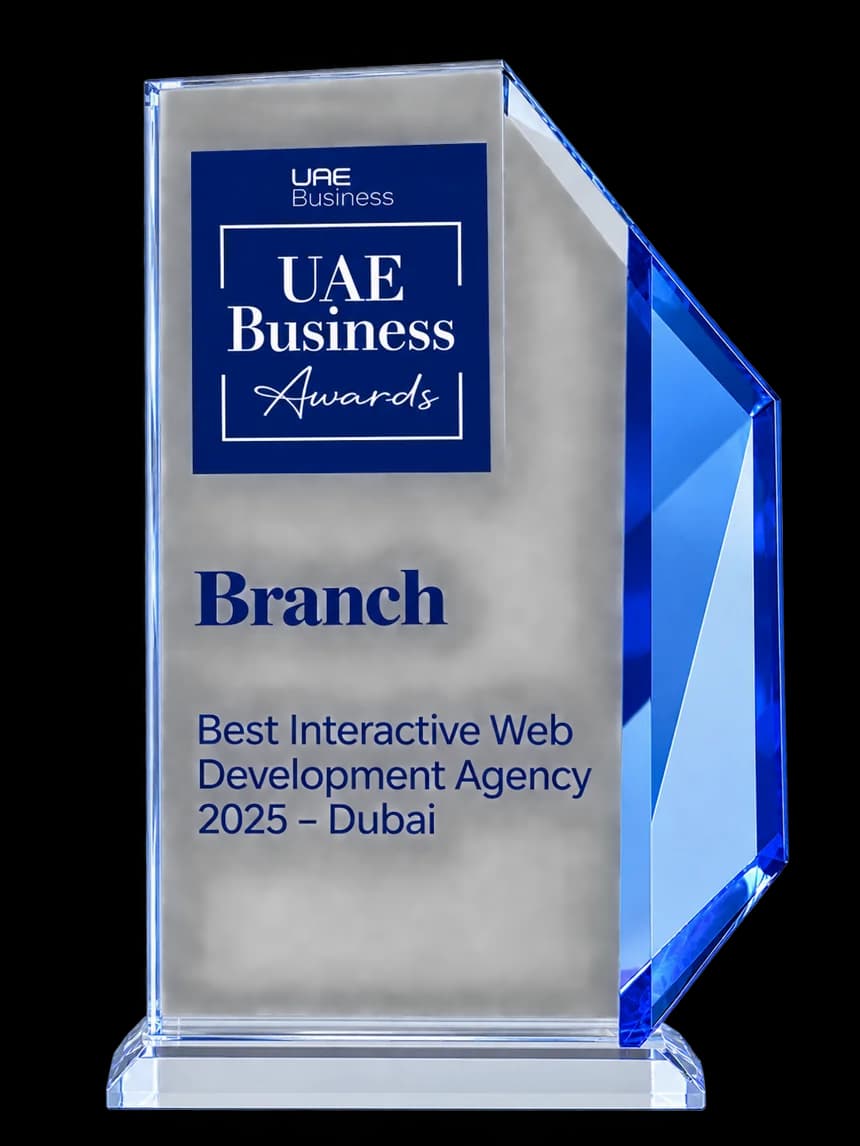 UAE Business Awards trophy engraved Branch, Best Interactive Web Development Agency 2025, Dubai