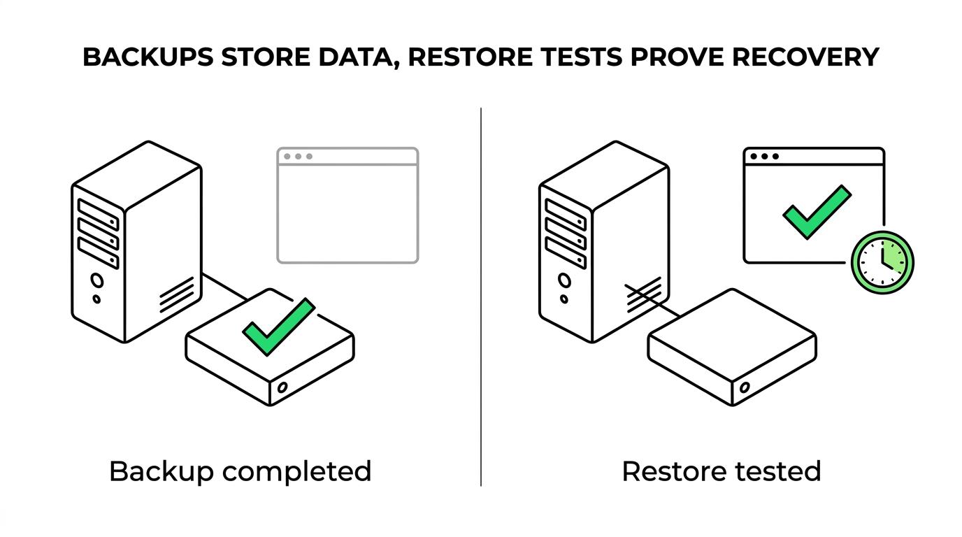 Comparison showing backups storing recovery data on one side and restore testing proving actual service recovery on the other.
