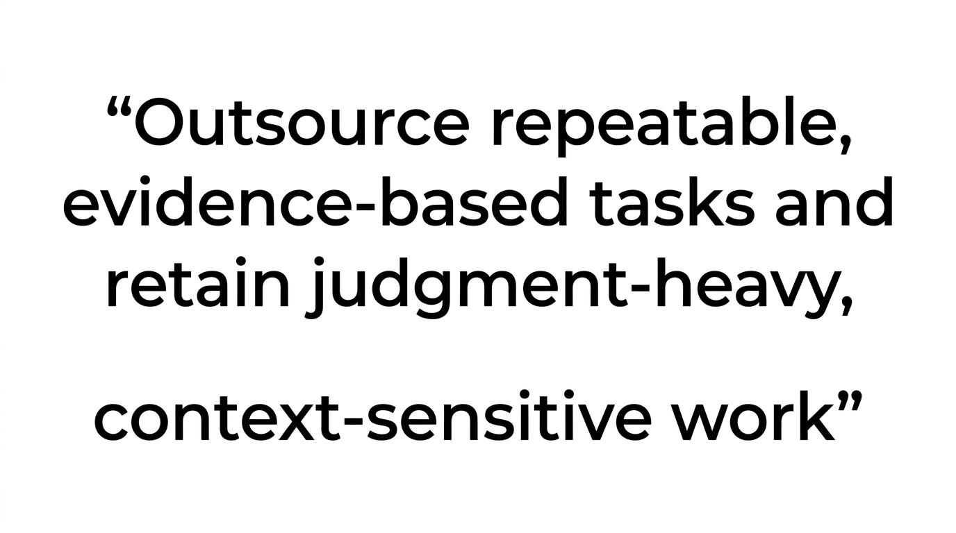 Highlighted quote stating that repeatable, evidence-based tasks can be outsourced, while judgment-heavy tasks should stay internal or be co-managed.