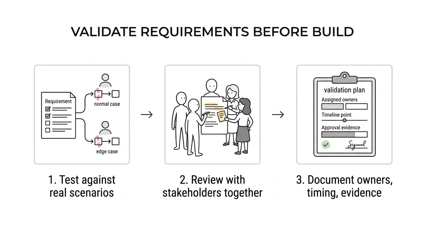 Three-step flow showing requirements validation through real user scenarios, shared stakeholder review, and documented approval evidence.