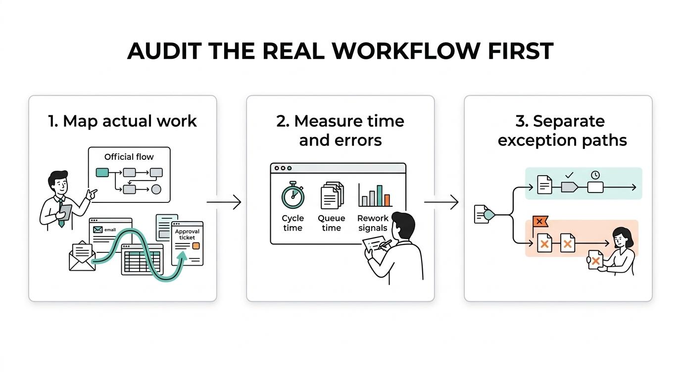 Three-step workflow showing how to audit a process before automation: map actual work, baseline key metrics, and isolate exception paths.