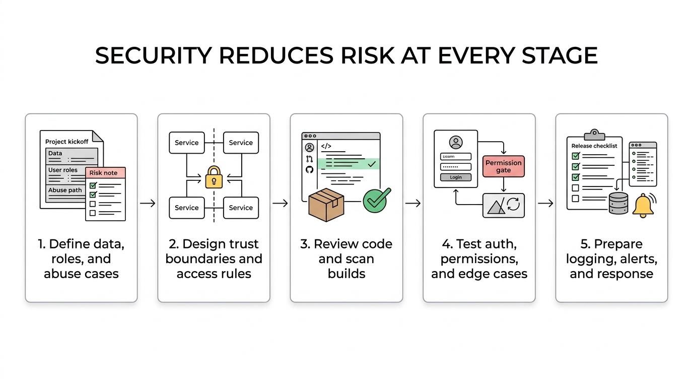 A flow diagram from requirements to release prep, showing each delivery stage with its matching security practice and the risk reduced early.