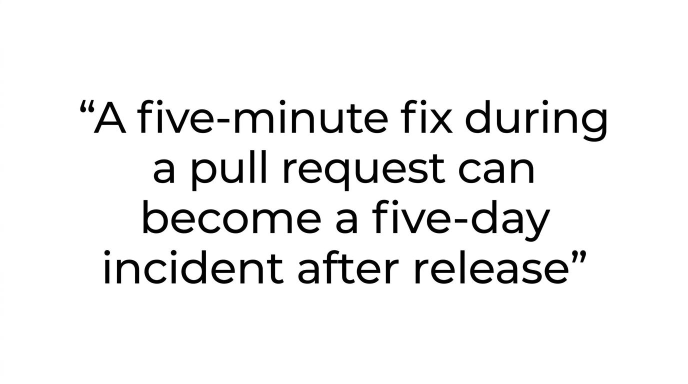 A highlighted quote about a five-minute fix during review preventing a five-day incident after release.