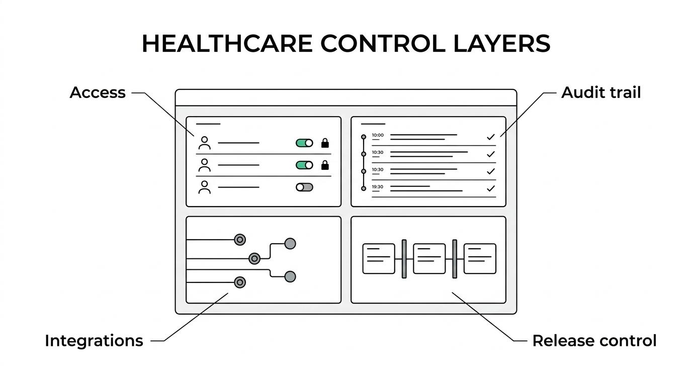 Diagram of a healthcare software platform labeled with role-based access, audit trails, integrations, reporting, and release controls.