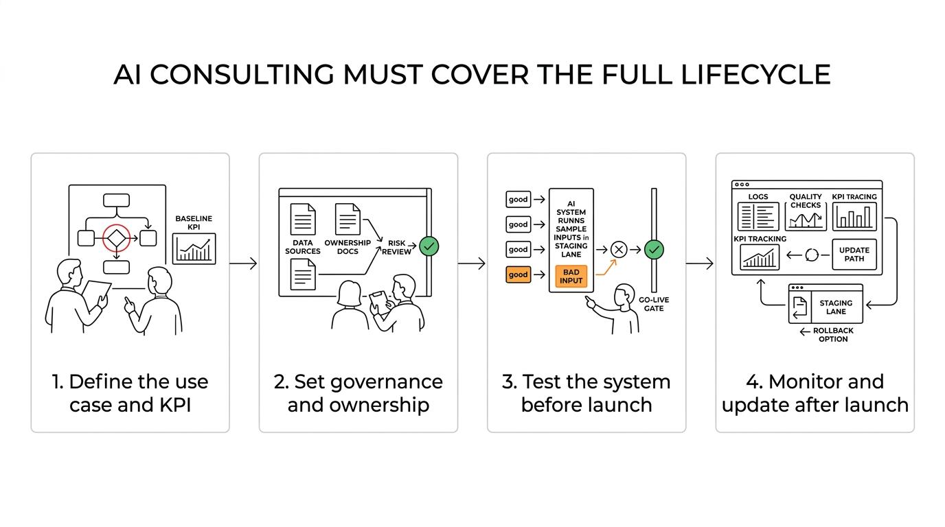 Flowchart showing an AI consulting lifecycle from business problem and KPI definition through governance, testing, launch, monitoring, and retraining.