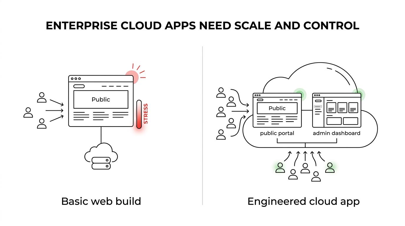 Side-by-side comparison of a basic web build versus an enterprise cloud application with public services, admin systems, and high-concurrency support.