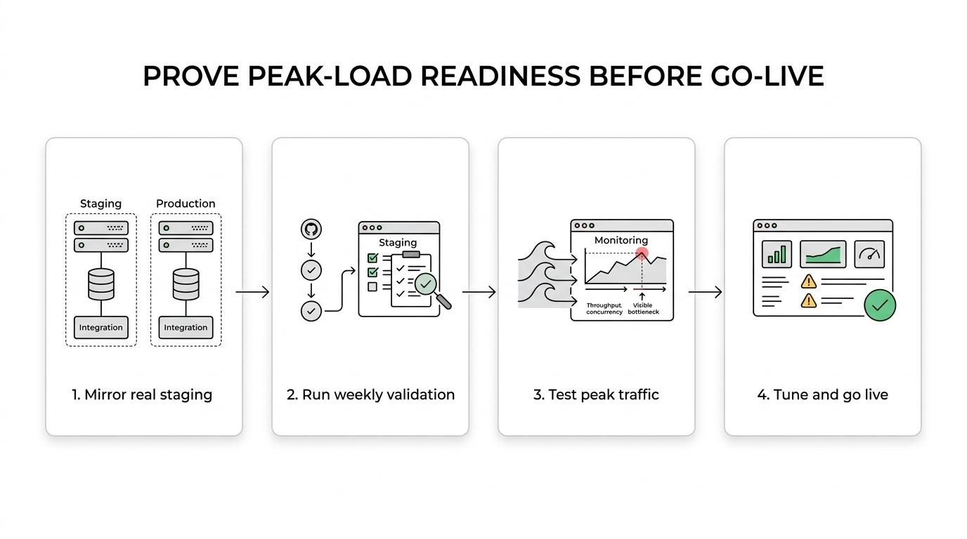 Diagram showing a DevOps delivery flow from environment planning and staging validation to load testing, launch, and post-launch support.